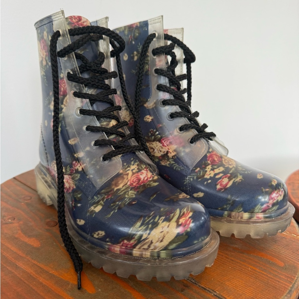 Dirty Laundry Navy Floral Jelly Style Lace-Up Army Boots